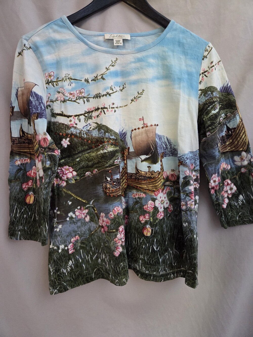 Tradition Scenic Boat & Floral Long Sleeve Top in Blue, Green and Pink